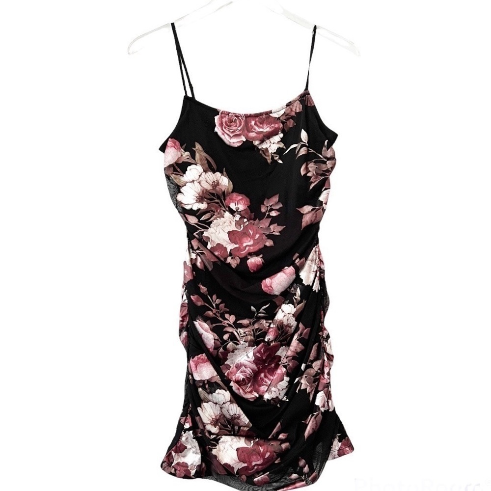 Xtraordinary Spaghetti Strap Foiled Floral Print Mesh Ruched Tank Dress NWT